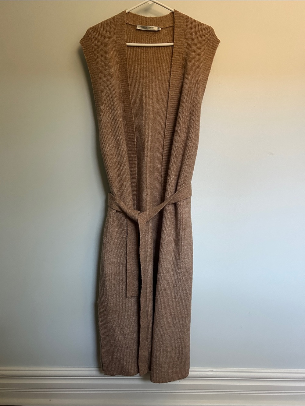 Simons Long Knit Belted Duster — Brown